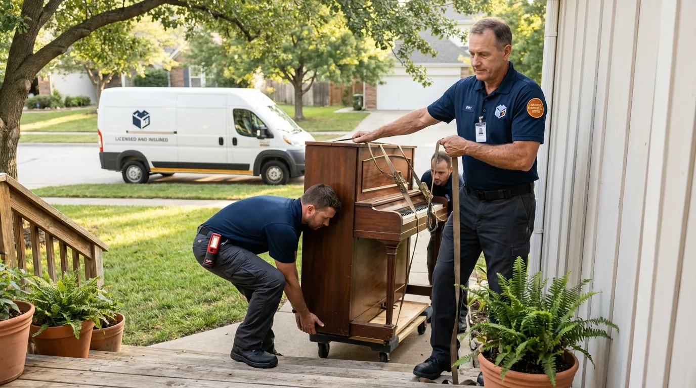 Licensed piano movers securing grand piano in Carlyle, IL
