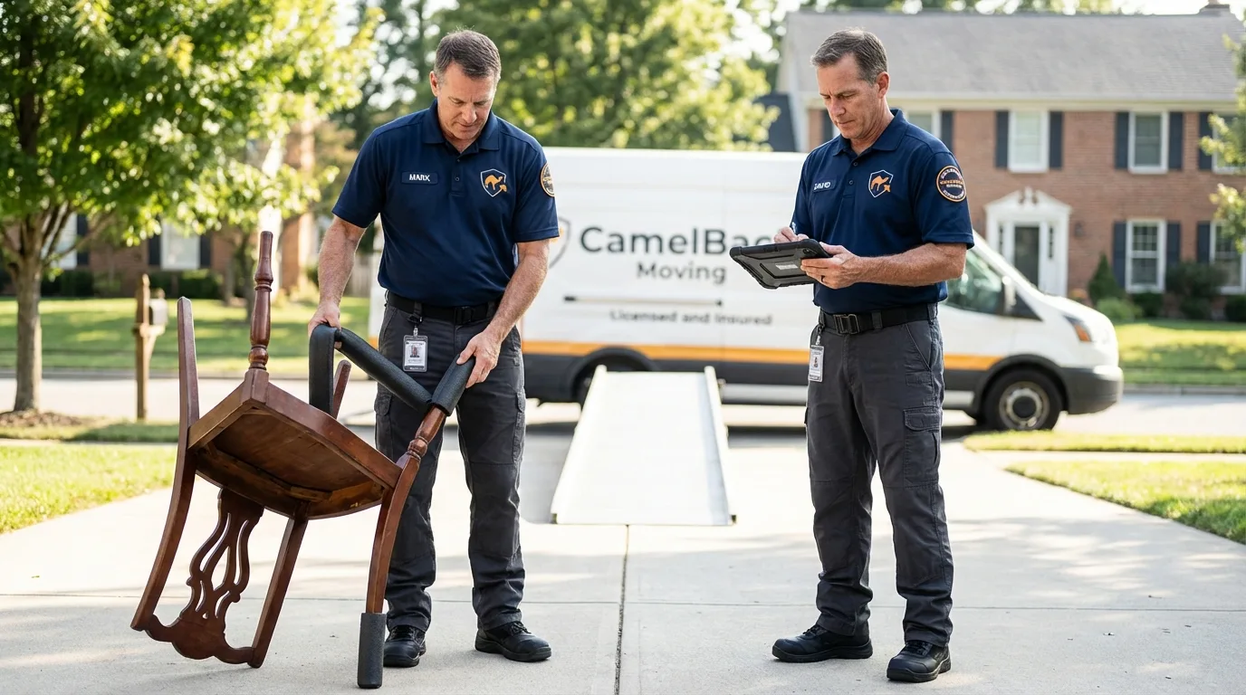 Movers inspecting furniture for damage prevention before loading in Carlyle, IL