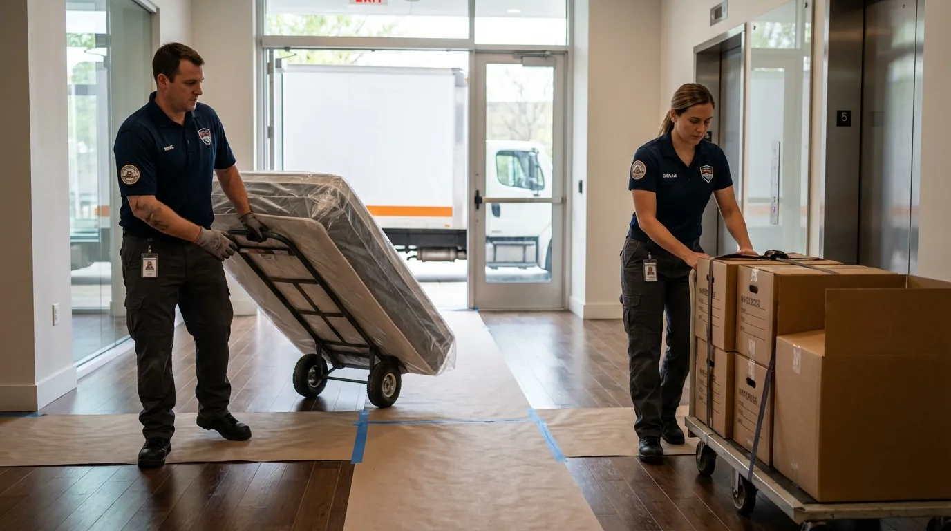 Professional apartment movers loading elevator in Carlyle, IL